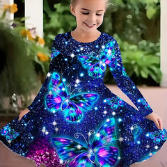 Girls Butterfly in Starry Sky Graphic Long Sleeve Dress
