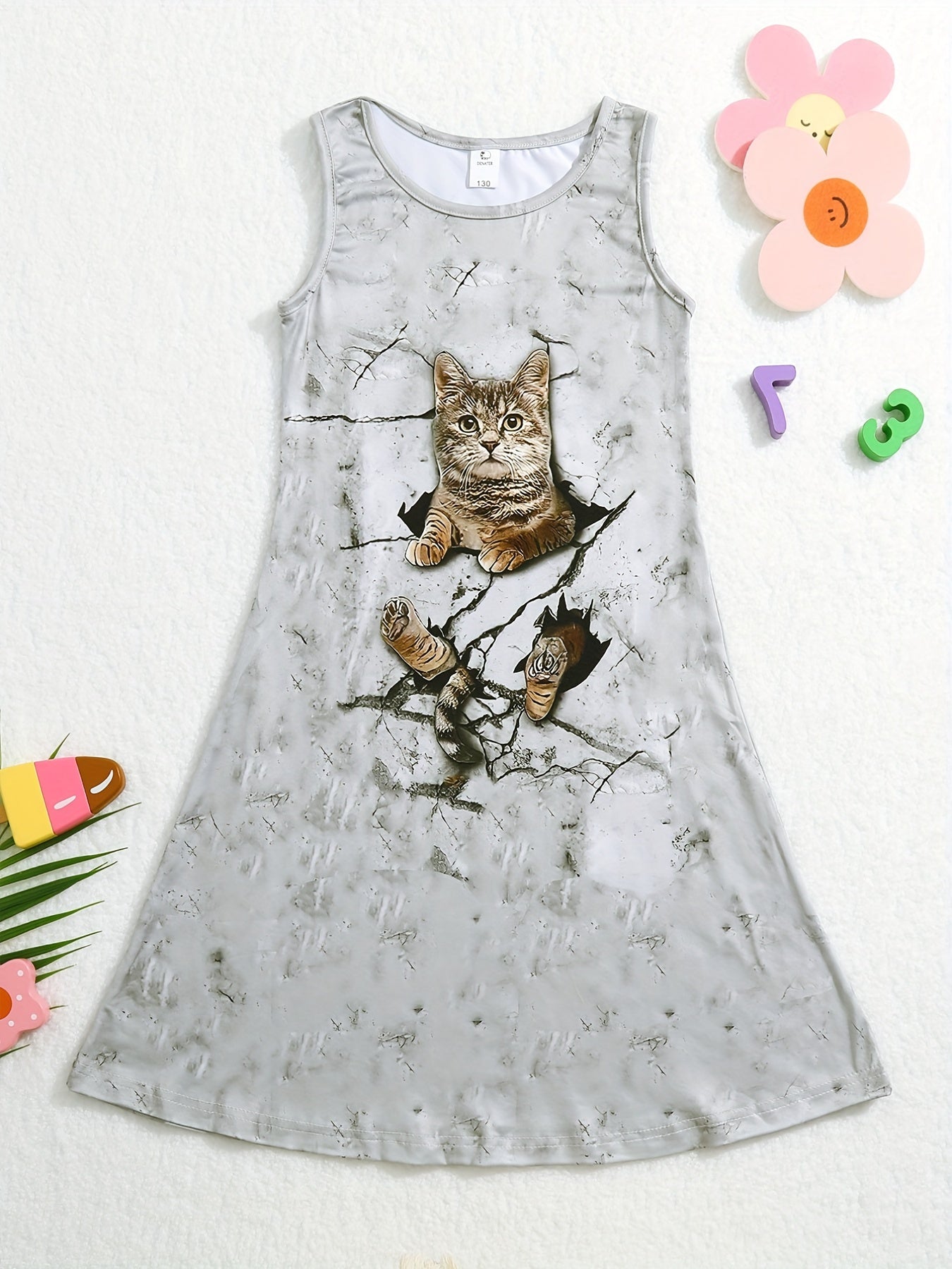 Girl's 3D Cat Print Dress - Summer Outfit