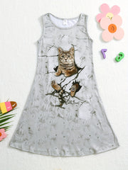 Girl's 3D Cat Print Dress - Summer Outfit