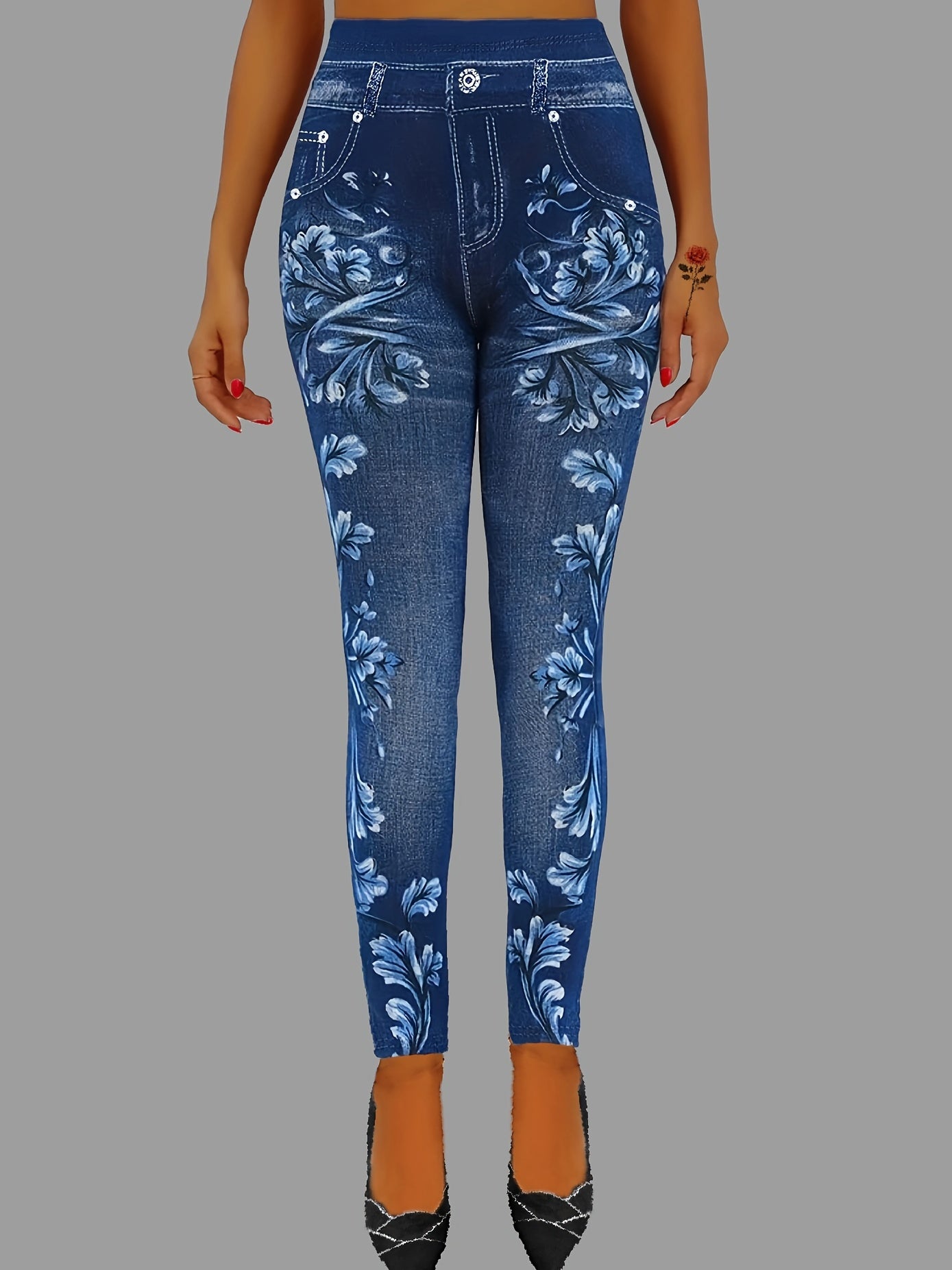 Floral & Denim Print Leggings Skinny Casual Leggings Women's Clothing
