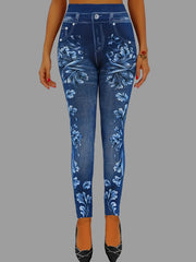 Floral & Denim Print Leggings Skinny Casual Leggings Women's Clothing