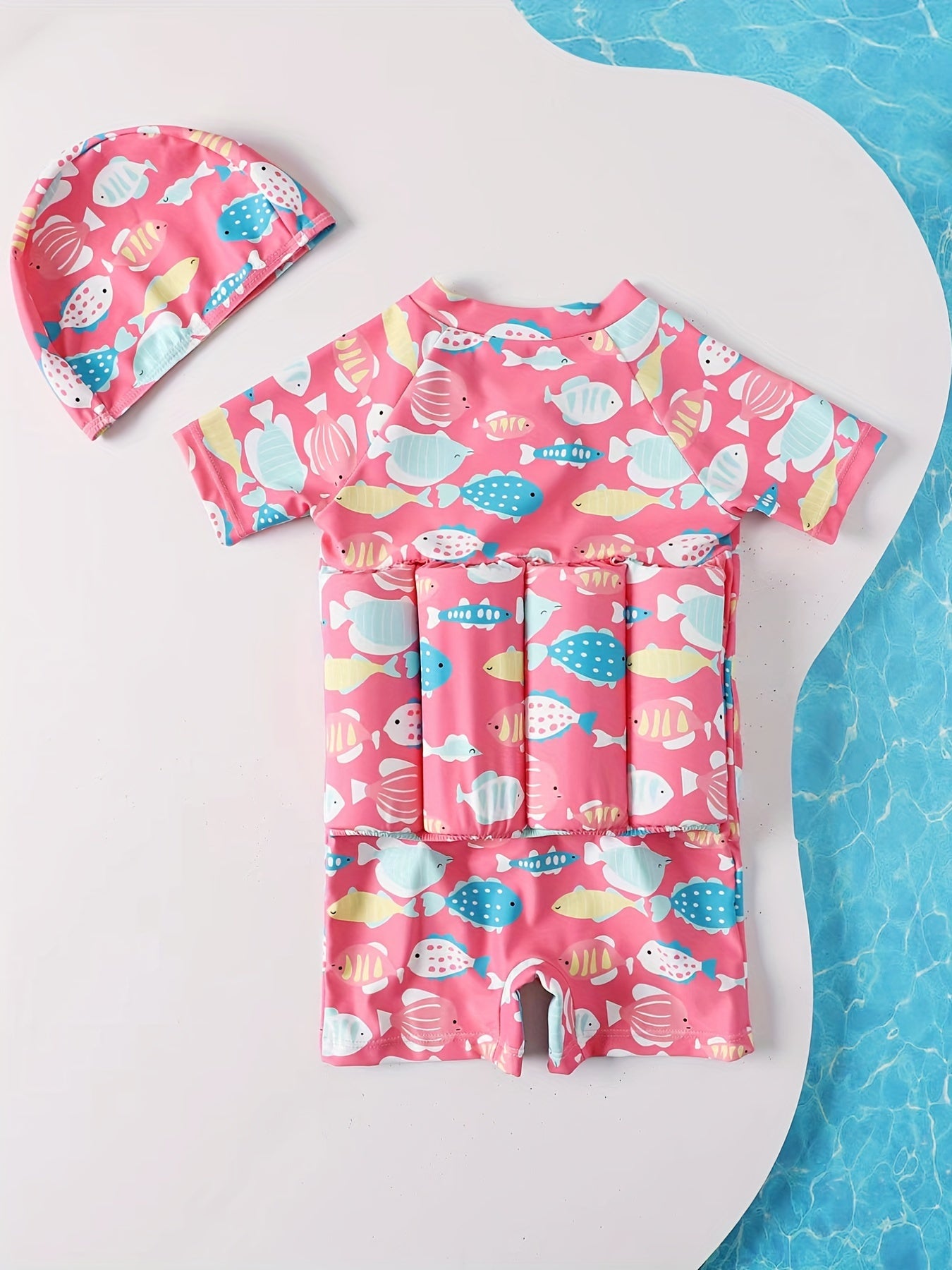 2pcs Baby Girls Fish Print One Piece Swimsuit With Buoyancy & Swimming Cap Set