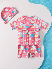 2pcs Baby Girls Fish Print One Piece Swimsuit With Buoyancy & Swimming Cap Set