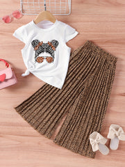 Girls Pretty Girl Graphic Print T shirt & Leopard Wide Leg Pants Set