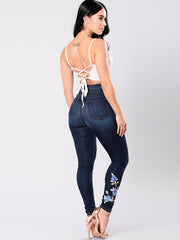 Floral Embroidery Skinny Jeans Zipper Button Medium Stretch Denim Pants