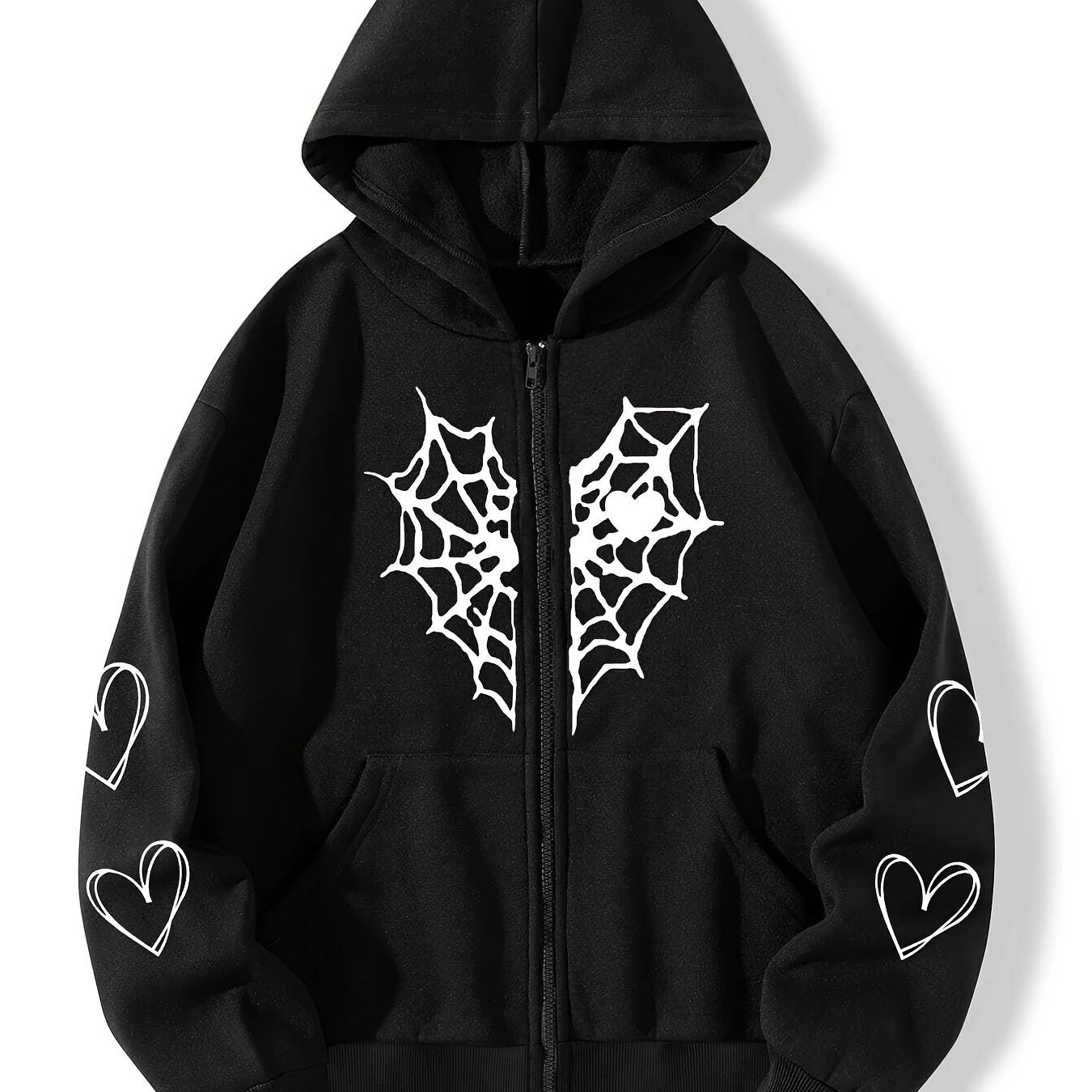 Heart Print Drawstring Hoodie Zip Sweatshirt