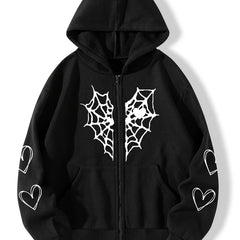 Heart Print Drawstring Hoodie Zip Sweatshirt