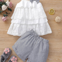 2pcs Lace Camisole Top & Elastic Waist Striped Shorts Set