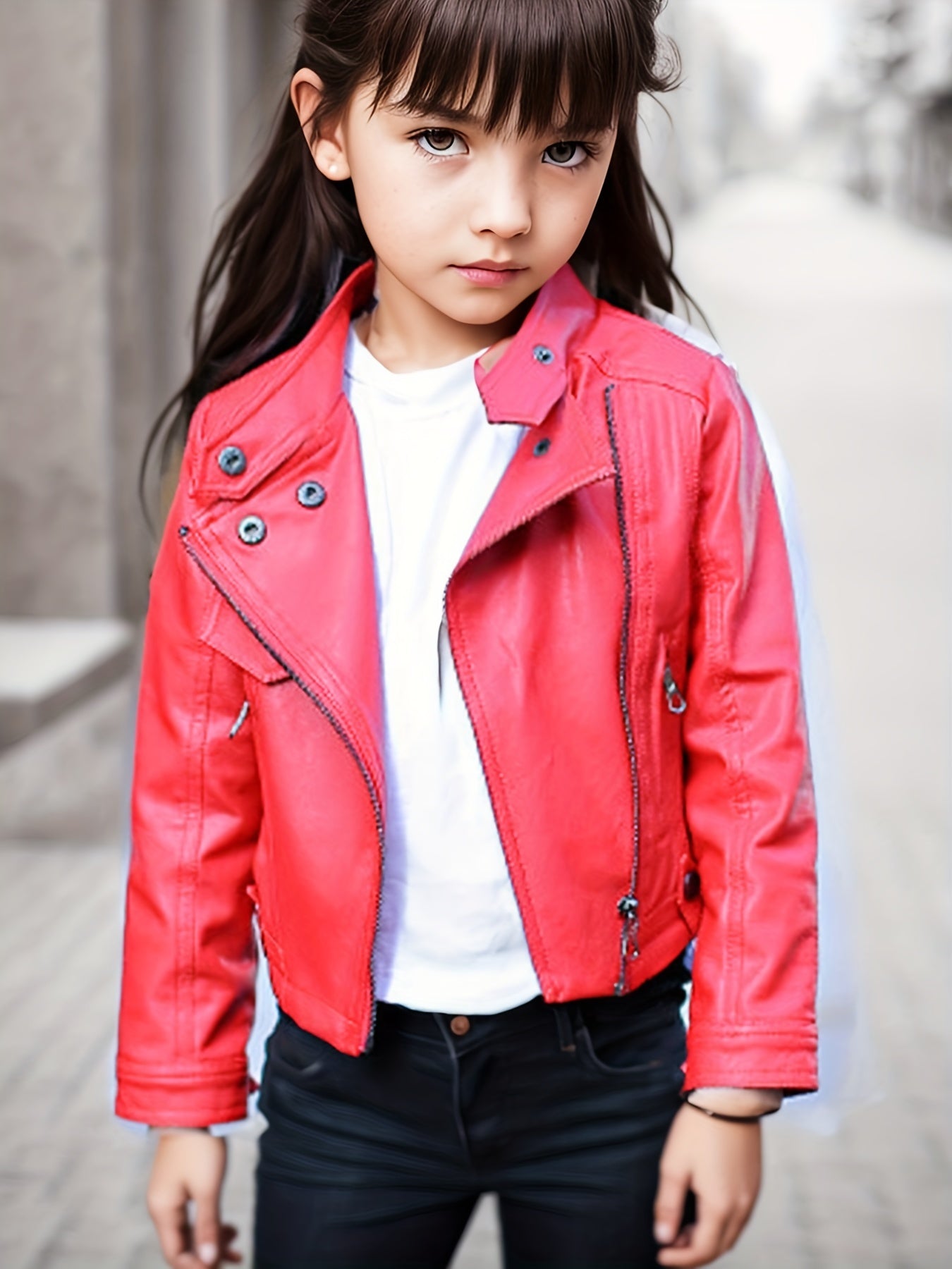 Girls Diagonal Zipper PU Leather Motorcycle Jacket