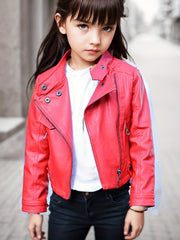 Girls Diagonal Zipper PU Leather Motorcycle Jacket