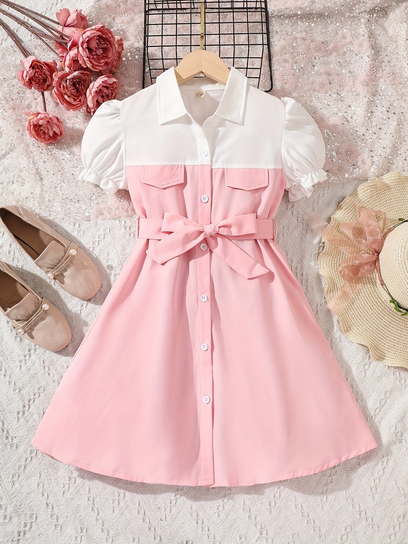 Toddler Girls Puff Sleeve Button Block Casual Belted Shirt Dress