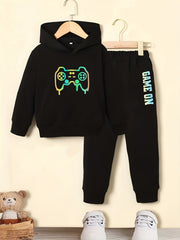 Gamepad Pattern Boy's 2pcs Hoodie & GAME ON Print Sweatpants Set