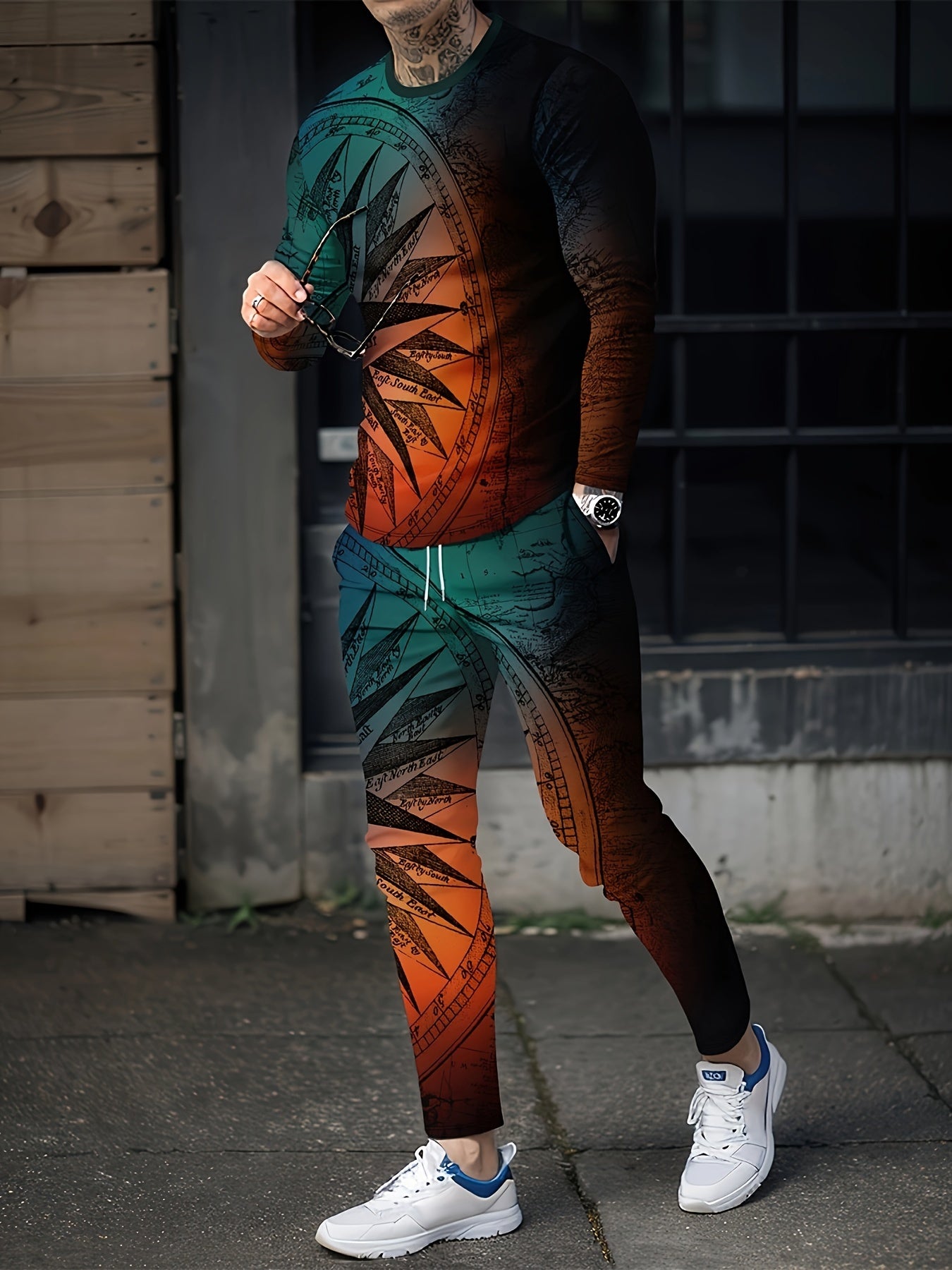 Digital Pattern Print Men's Long Sleeve Tee & Casual Sweatpants Set