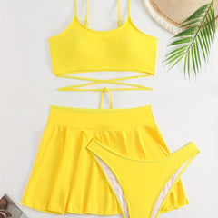 Criss Cross Tie Back 3Pc Swimsuit Yellow