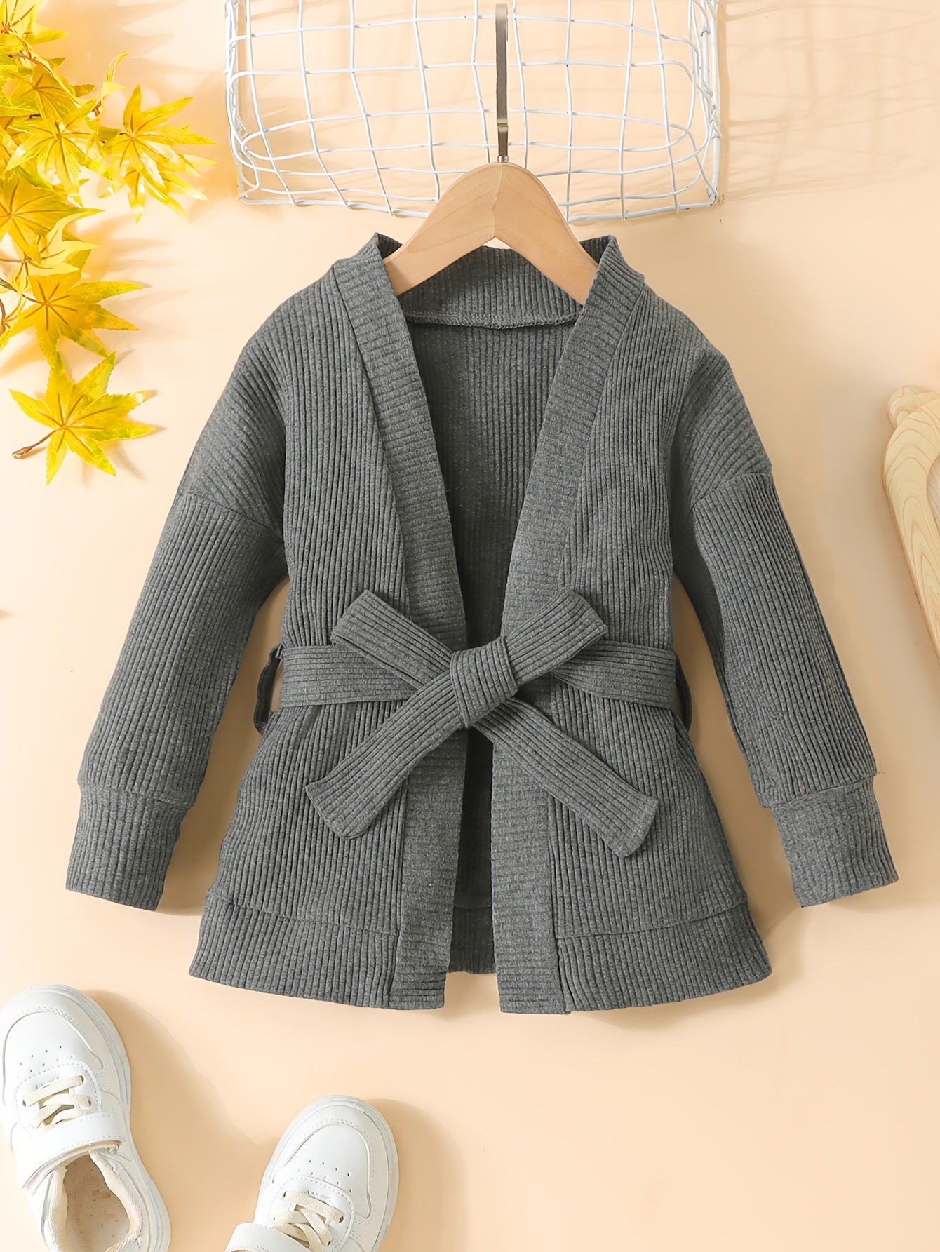 Toddler Girls Ribbed Knit Cardigan with Lace Up Waist