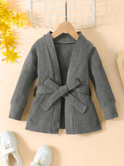 Toddler Girls Ribbed Knit Cardigan with Lace Up Waist