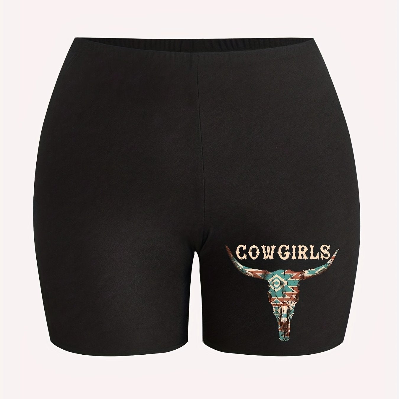 Sporty Plus Size Cow & Letter Print Slim Fit Legging Shorts