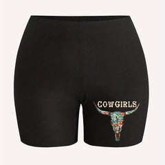 Sporty Plus Size Cow & Letter Print Slim Fit Legging Shorts