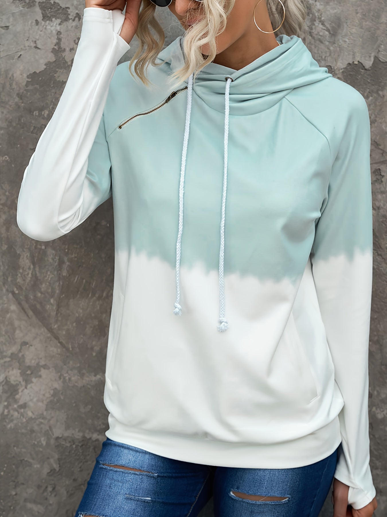 Two Tone Zipper Hooded Sweatshirt Block Pullover Top Women's Activewear