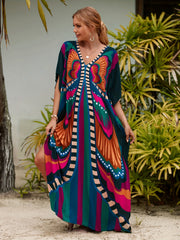 Butterfly Print Kaftan Cover Up Dress V Neck Loose Fit Short Sleeves