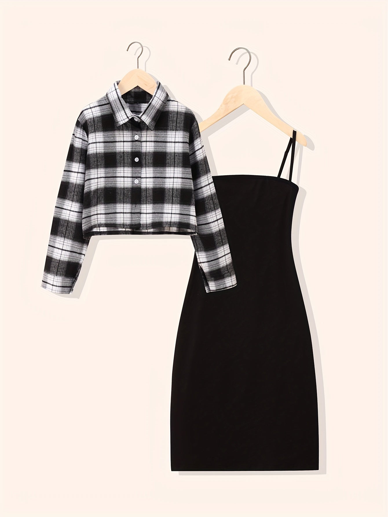 2pcs Girls' Solid Cami Dress & Plaid Shirt Top Set for Party
