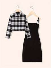 2pcs Girls' Solid Cami Dress & Plaid Shirt Top Set for Party