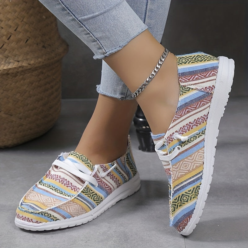 Striped Canvas Lace Up Sneakers Lightweight Comfy Daily Shoes