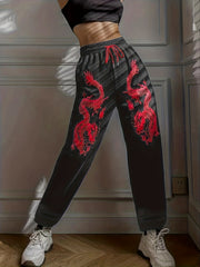 Dragon Print Drawstring Waist Sweatpants for Women