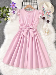 Girls Ruffled Sleeveless Dress with Bow Belt