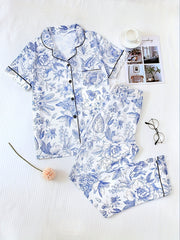 Floral Print Pajama Set Short Sleeve Top & Elastic Waistband Pants
