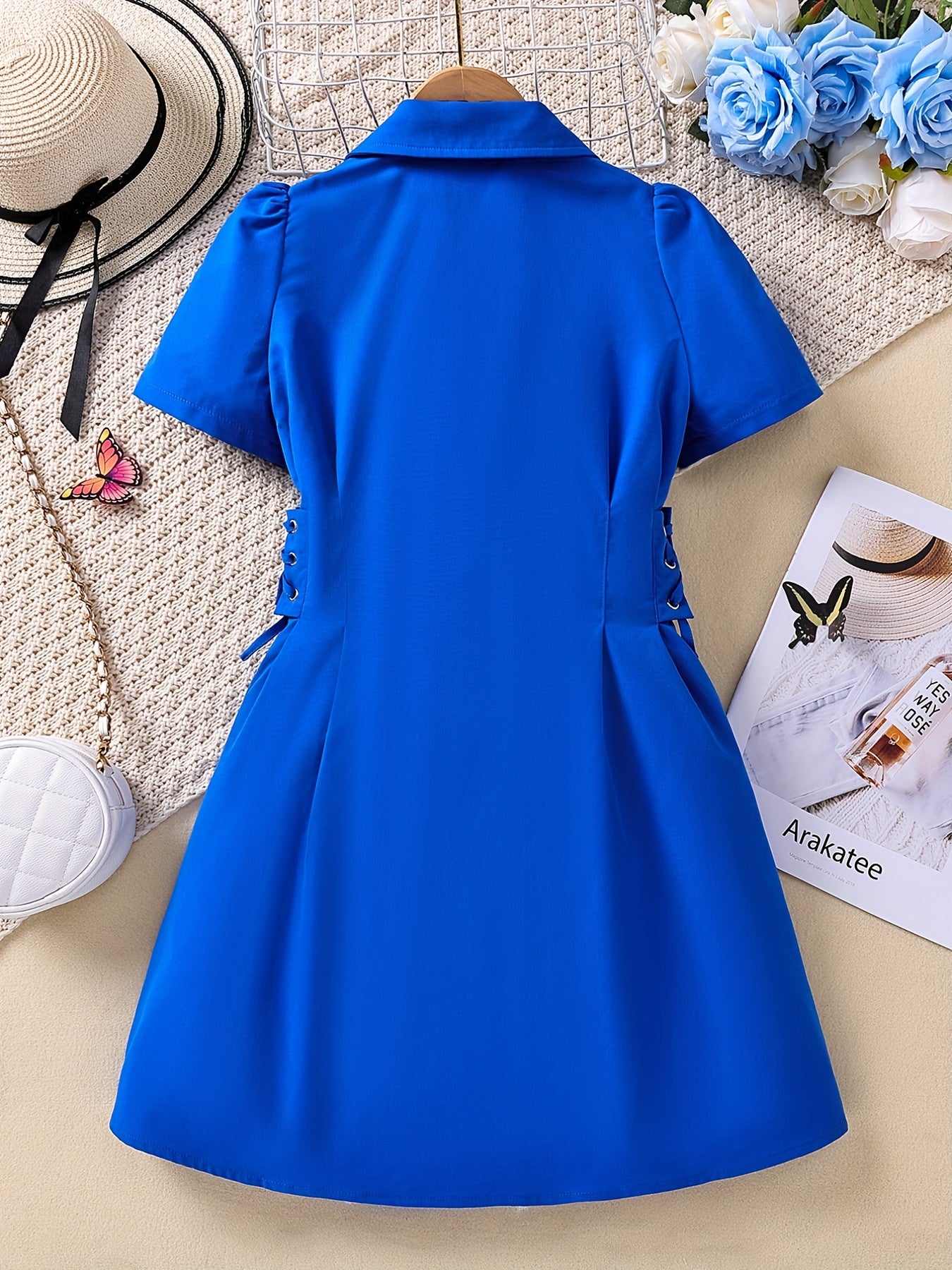 Girls' Lace Up Waist Lapel Short Sleeve Dress Casual Fit Kids Party Dresses