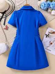 Girls' Lace Up Waist Lapel Short Sleeve Dress Casual Fit Kids Party Dresses