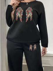 Plus Size Wings Print Loungewear Set: Top & Pants Pajama