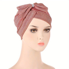 Bow Decor Turban Cap Solid Head Wraps Casual Head Scarf Ramadan Hijab Hats