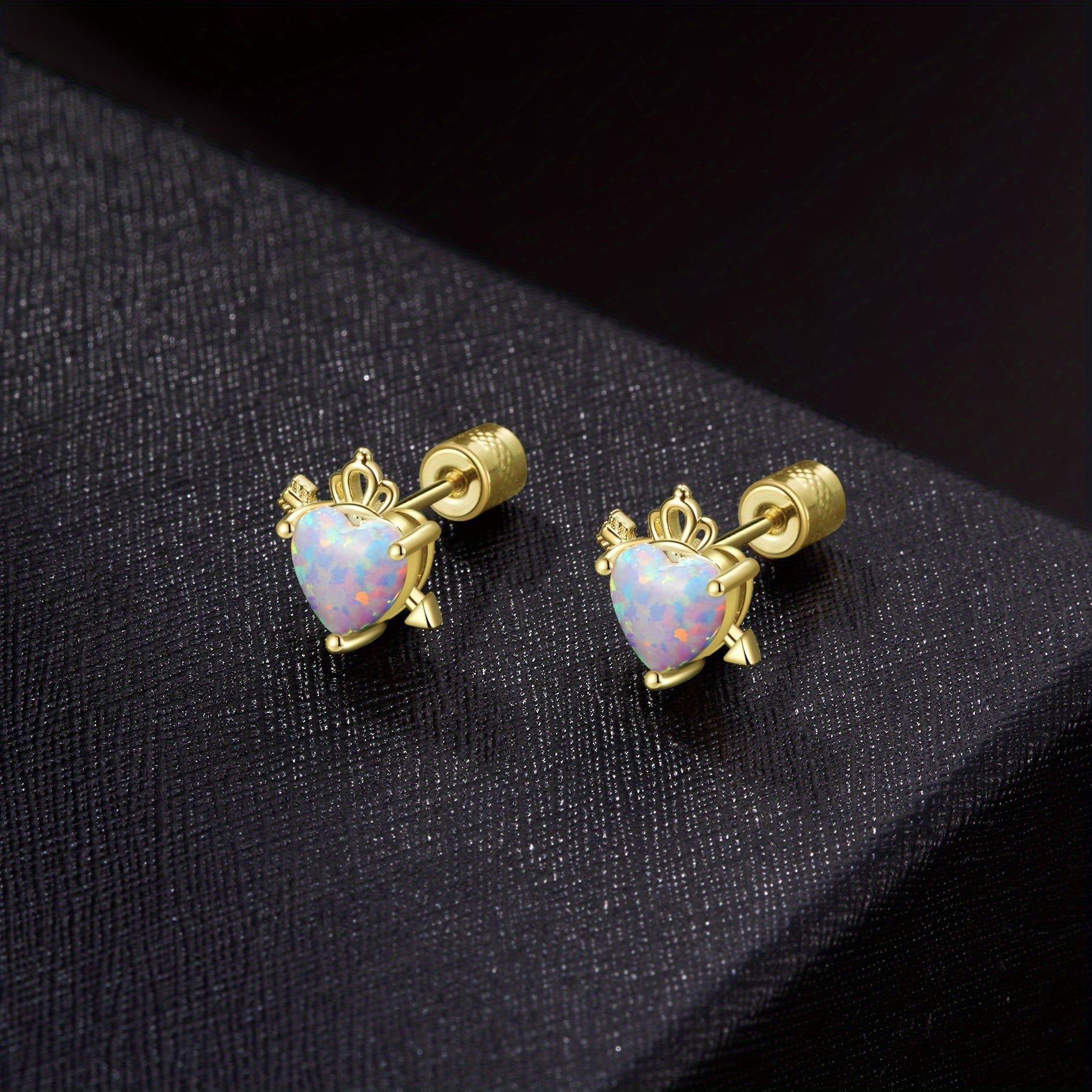 Heart Opal Crown Stud Earring Golden Mini Animal Earrings