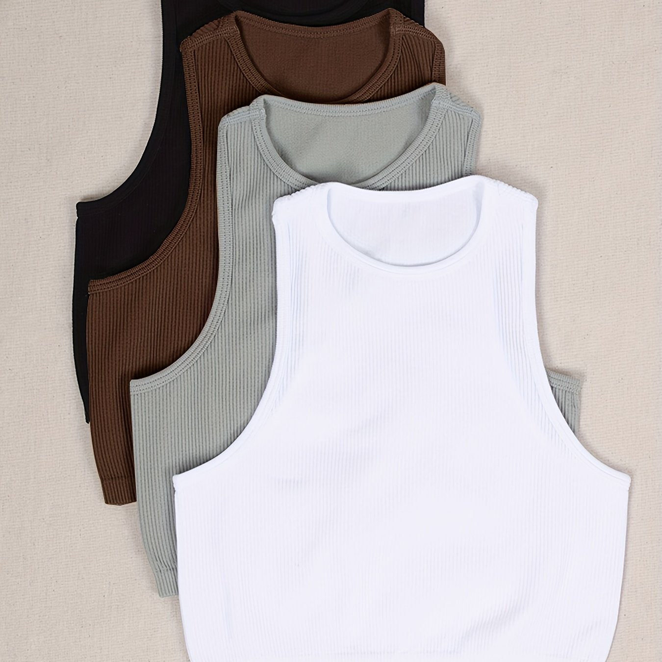 4pcs Solid Sleeveless Tank Top Ribbed Crew Neck Casual Sports Women's Tops