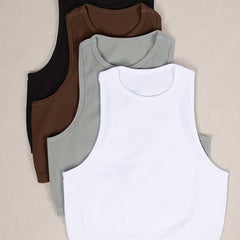 4pcs Solid Sleeveless Tank Top Ribbed Crew Neck Casual Sports Women's Tops