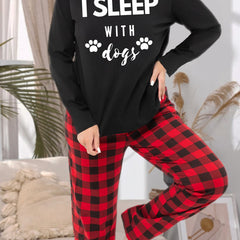 Dog Paw & Letter Graphic Tee & Plaid Pants Pajama Set