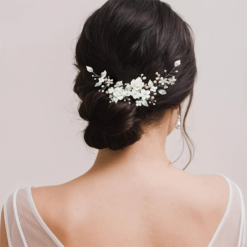 Flower Rhinestone Pearl Wedding Headband Hair Comb
