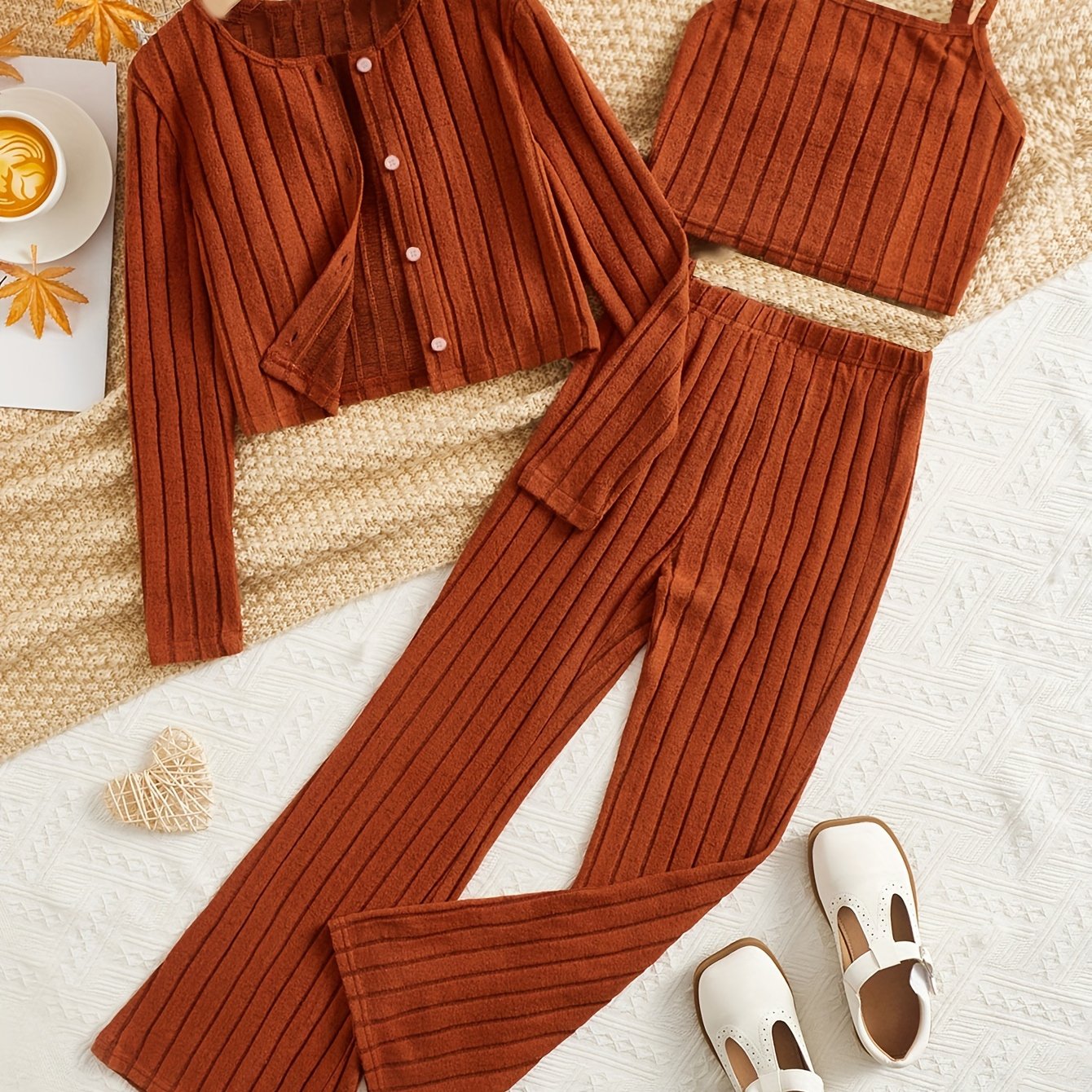 Ribbed Lounge Set Long Sleeve Top & Crew Neck Cami & Pants Women's Loungewear