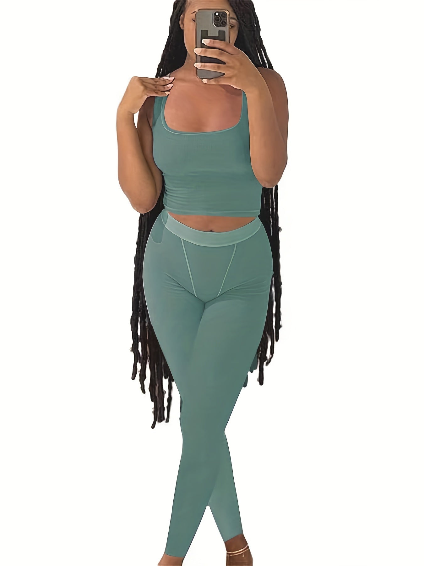 Ribbed Knit Women 2 Piece Set Gym Crop Tank Top Leggings Set