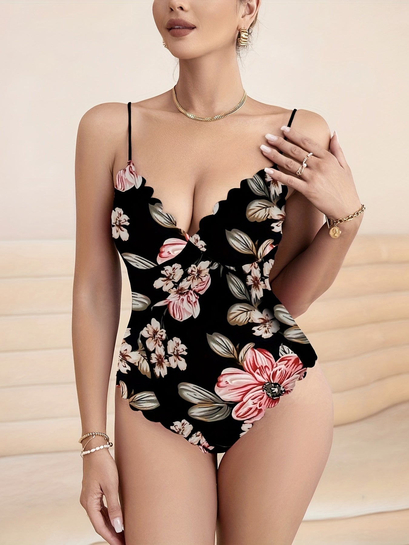 Floral Print V neck Cami Bodysuit Sexy Scallop Trim