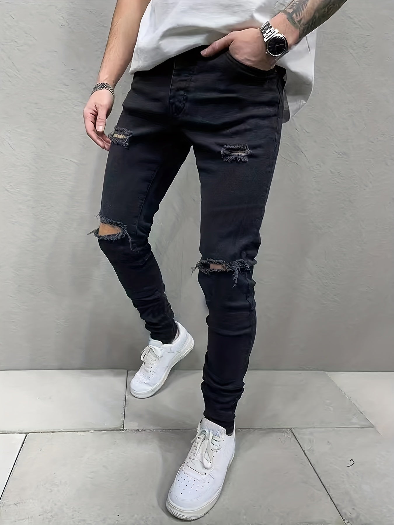 Men's Slim Fit Ripped Denim Jeans Vintage Hip Hop Style Pants