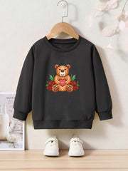Cartoon Bear Print Girls Casual Pullover Sweatshirt Long Sleeve Tops