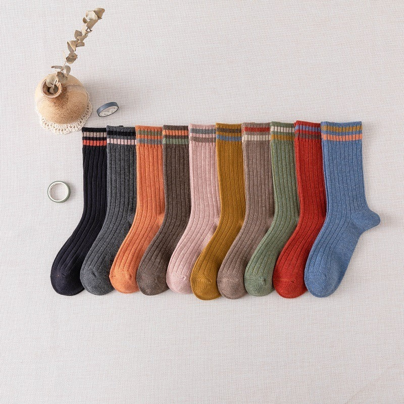 5Pairs Womens Crew Socks Striped 10 Colors Casual Medium Size