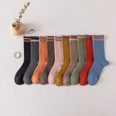 5Pairs Womens Crew Socks Striped 10 Colors Casual Medium Size