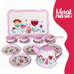 19-Piece Metal Tea Set Toy Kitchen with Pink Flowers and Animals