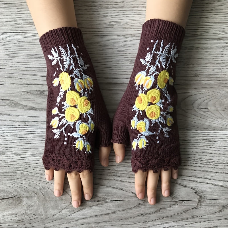 Hand Crochet Gloves Small Yellow Flower Embroidered Winter Warm Ladies Half