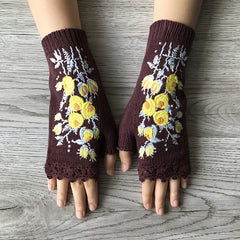 Hand Crochet Gloves Small Yellow Flower Embroidered Winter Warm Ladies Half