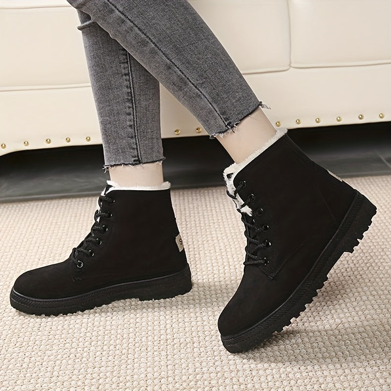 Women's Plush Lined Ankle Boots Lace Up Round Toe Snow Boots